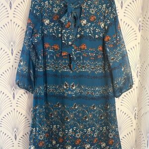 Lily Rose Blue and Orange 3/4 Sleeve Tie Front dress women’s size XL PTP-22 L36